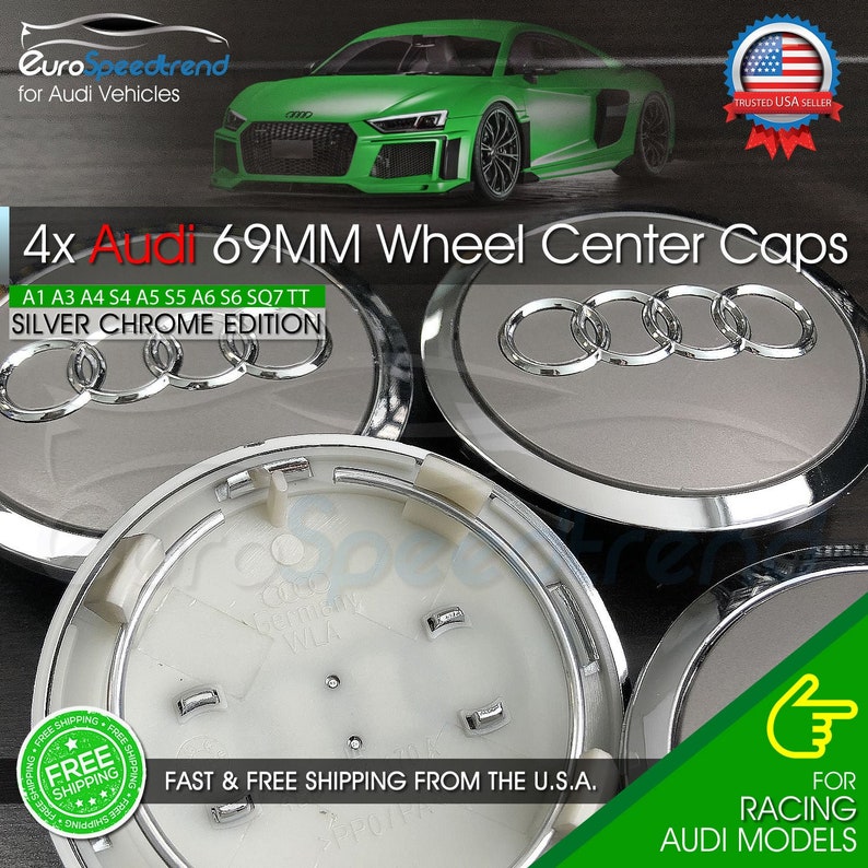 Audi 69mm Silver Chrome Wheel Rim Center Hub Caps Emblem 4PC Set