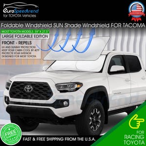 May include: White Toyota Tacoma pickup truck with a black grille and black wheels. The truck has a large, foldable windshield sun shade that is designed to keep the interior cool. The sun shade is 59 inches by 27.5 inches and is designed for most Toyota vehicles.