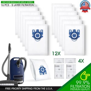 May include: White vacuum cleaner bags with blue accents, designed for Miele series vacuums. The image shows 16 bags with 5-layer filtration, along with a vacuum cleaner. Text on the image reads "VACUUM BAGS FOR MIELE SERIES" and "99.9% FILTRATION".