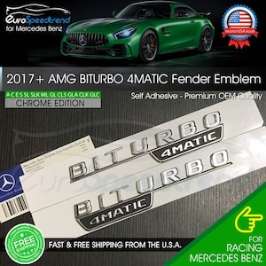 May include: Chrome edition 2017+ AMG BITURBO 4MATIC fender emblems. Self-adhesive, premium OEM quality. The image also includes the text "EuroSpeedtrend for Mercedes Benz" and "FAST & FREE SHIPPING FROM THE U.S.A."