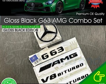 G63 AMG V8 Biturbo Emblème Noir Brillant W463 W464 Ensemble d'emblèmes arrière en forme d'étoile Benz