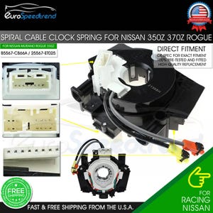 May include: Black spiral cable clock spring for Nissan 350Z, 370Z, Rogue, and Murano vehicles. The part number is 85567-CB66A / 25567-ET025.  The part is labeled "Direct Fitment" and "OE Spec for Exact Fitment".