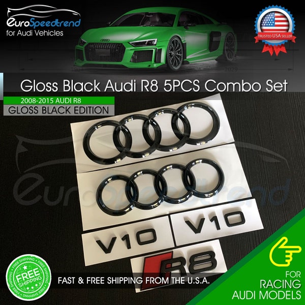 Audi R8 Ringe Emblem Gloss Black Side V10 Logo Badge Set OE 5PC 2008-2015