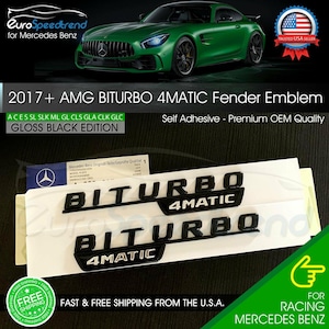 May include: Black "BITURBO 4MATIC" fender emblems for Mercedes Benz. The self-adhesive emblems are a gloss black edition. The image also shows a green Mercedes Benz car.