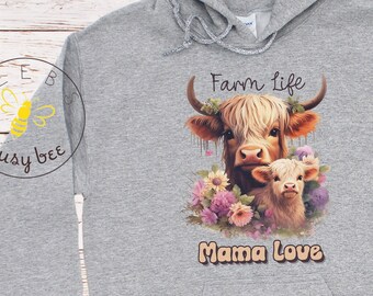 Farm life Hooded Sweatshirt, Mama love highland cows hoodie, Country Mom sweatshirt, Love Cows sweatshirt, Mama and baby cows,