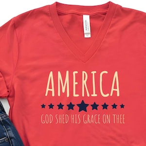 America Patriotic V-Neck Tee, USA Flag Shirt, Fourth of July Top, Independence Day Apparel, Patriotic Clothing