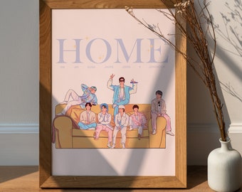 BTS HOME Minimalist Art Print, OT7 Illustration, Cute Bts Printable Wall Art, Pink Poster, Digital Download, Kpop Prints, Kpop Room Decor