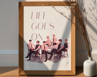 Bts LIFE GOES ON Minimalist Art Print, Ot7 Illustration, Bts Printable Wall Art, Pink Poster, Digital Download, Kpop Prints for Room Decor