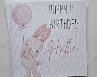 Personalised birthday card & envelope. 12.5cm square card. Customised card with watercolour bunny pink