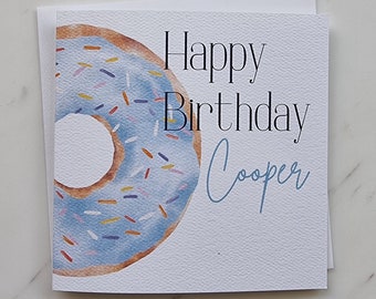 Personalised birthday card & envelope. 12.5cm square card. Customised card with watercolour donut.