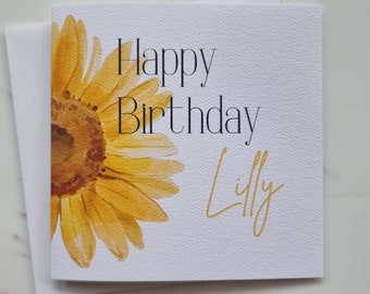 Personalised birthday card & envelope. 12.5cm square card. Customised card with watercolour flower.