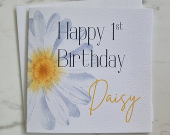 Personalised birthday card & envelope. 12.5cm square card. Customised card with watercolour daisy flower.