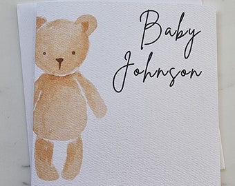 Personalised baby card & envelope. 12.5cm square card. Customised card with watercolour teddy bear.