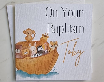 Personalised baptism card & envelope. 12.5cm square card. Customised card with watercolor ark and animals.