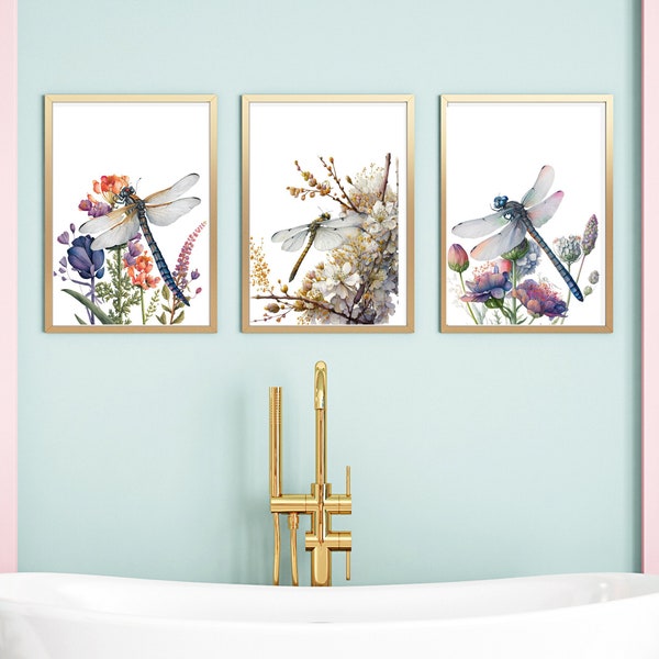 Dragonfly Wall Art, Set Of 3 Fine Art Prints, Dragonfly Watercolor Prints Set, Wildlife Wall Decor, Dragonfly Illustration, Colorful Art