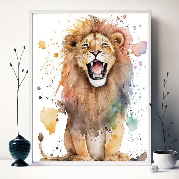 Watercolor Laughing Lion PRINTABLE ART Lion Instant Download Lion Poster Safari Gift Animals Wall Decor Nursery Animal Painting Colorful .