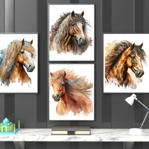 Set of 4 Horses Prints,Horses Portraits,DIGITAL DOWNLOAD,Farm Animal Prints Set,Wild Horse Art,Wall Art Horse,Printable art,Watercolor Horse