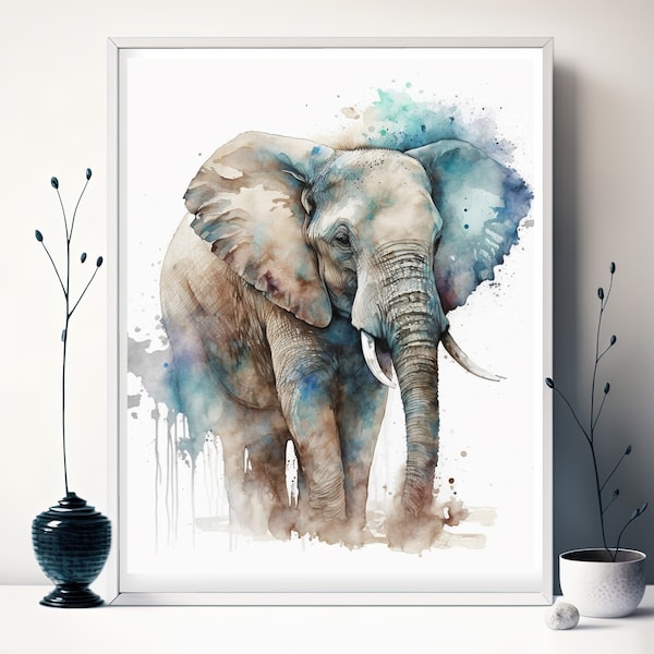 Watercolor Elephant PRINTABLE ART Elephant Print Download Elephant Poster Wildlife Gift Animals Wall Decor Nursery Animal Painting Colorful