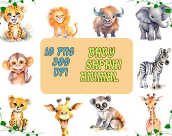 Set of 10 Cute  Baby safari animal Clipart ,Watercolor animal, baby animal Print, Wall Decor for Nursery, Cute Animal Gift, Digital Prints