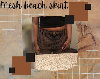 May include: A brown crochet mesh beach skirt featuring a wide-holed openwork pattern and a drawstring waist tie. The text 'Mesh beach skirt' is displayed in black script at the top of the image, which is framed by a grid and brown squares.