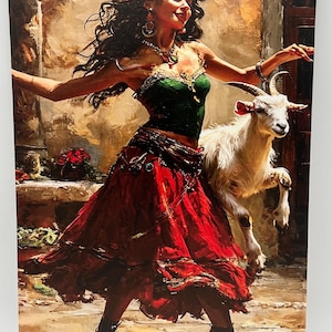 May include: An artistic print depicts a woman in a red skirt and green top, dancing with a white goat. The woman has dark hair and is adorned with jewelry. The background features a stone building and steps, creating a vibrant, cultural scene.
