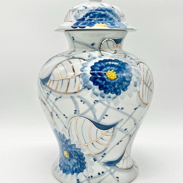 White & Blue 16 Inch Tinaja with Gold trim leaflets for Olokun / Yemaya Tinaja blanca y azul con adornos dorados en forma de hojas