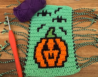 May include: A green crochet pumpkin with a black outline and orange face. The pumpkin is surrounded by black and green yarn fringe. A crochet hook is in the lower left corner of the image.