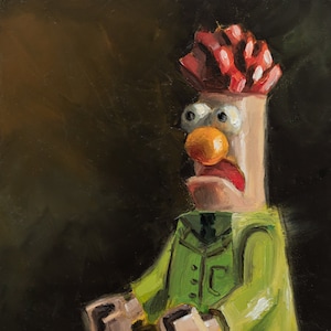 May include: A hand-painted oil painting of a puppet with a red, ruffled head, a green jacket, and a surprised expression.