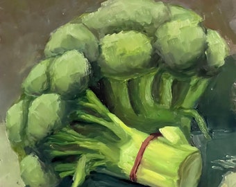 Original Oil Painting: Broccoli with Red Rubberband