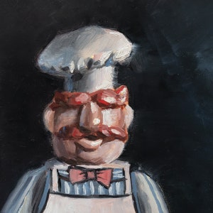 May include: A painting of a chef with a white chef's hat, red glasses, and a red bow tie. The chef is wearing a white apron with blue stripes. The background is black.