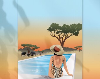 Safari Sunset Swim | Safari Girl Print | Poster | Digital Illustration | Digital Download | Unframed Wall Art | Wildlife Print | Wall Decor