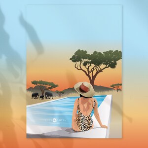 Safari Sunset Swim | Safari Girl Print | Poster | Digital Illustration | Digital Download | Unframed Wall Art | Wildlife Print | Wall Decor