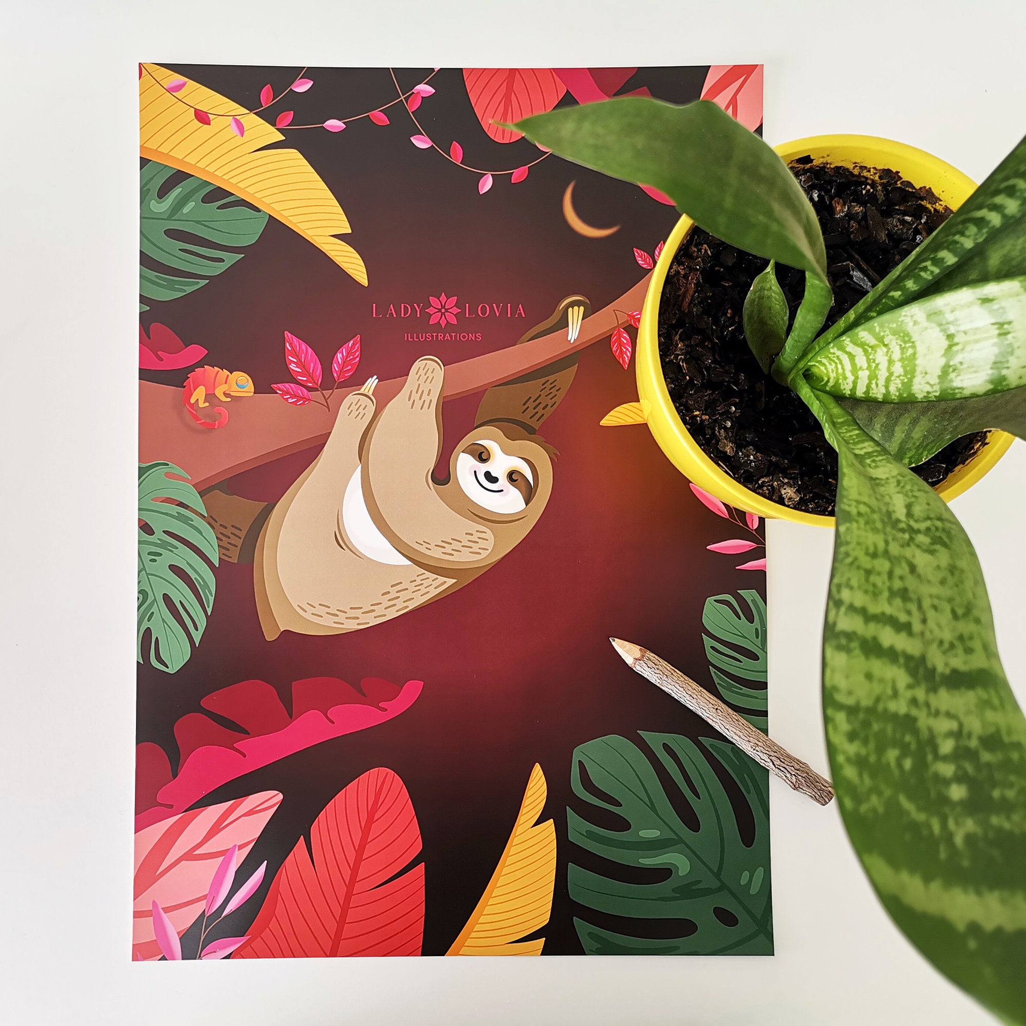 Hanging Sloth Art Print, Sloth Wall Art, Nighttime Sloth Print, Sloth ...