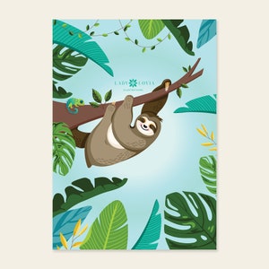 Hanging Sloth Art Print, Sloth Wall Art, Daytime Sloth Print, Sloth Printable, Botanical Sloth Print, Digital Illustration, Digital Download