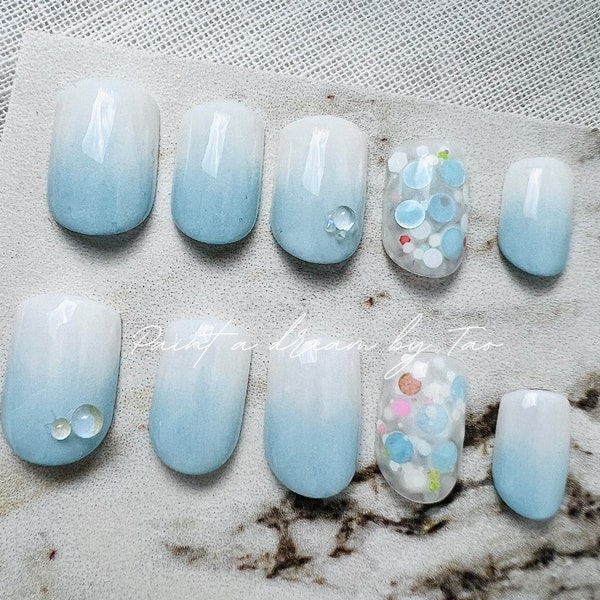 Press on nail | Blue | Holiday Nail | Spring and Summer | Hand Made Gift | Paint Nails | Gift for her | Blue, White,  Glitter, Shine