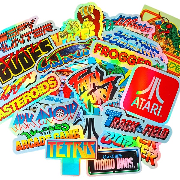 Retro Arcade Volumen 2 - 30 pegatinas holográficas- Juego retro - Consola de los años 80 y 90 - Personalización de Arcade Cab - Arcade Deco