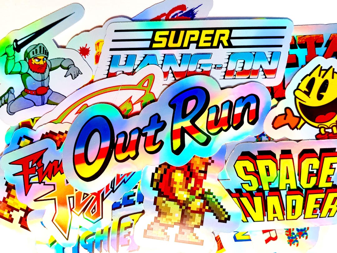 Retro Arcade Stickers 1 – 28 Vinyl Gaming Logos, Holographic - Custom ...