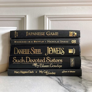 Monochromatic Black with Gold Lettering Decorative Book Set Stack - Shelf Decor