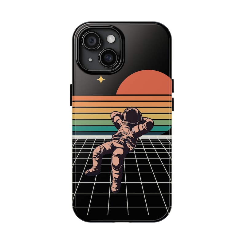 Retro 80s Tough Phone Case, Vintage Rainbow Astronaut Phone Case, Vintage 80s Aesthetic Case, Groovy Vibes Phone Case, 1980s Design Case image 1