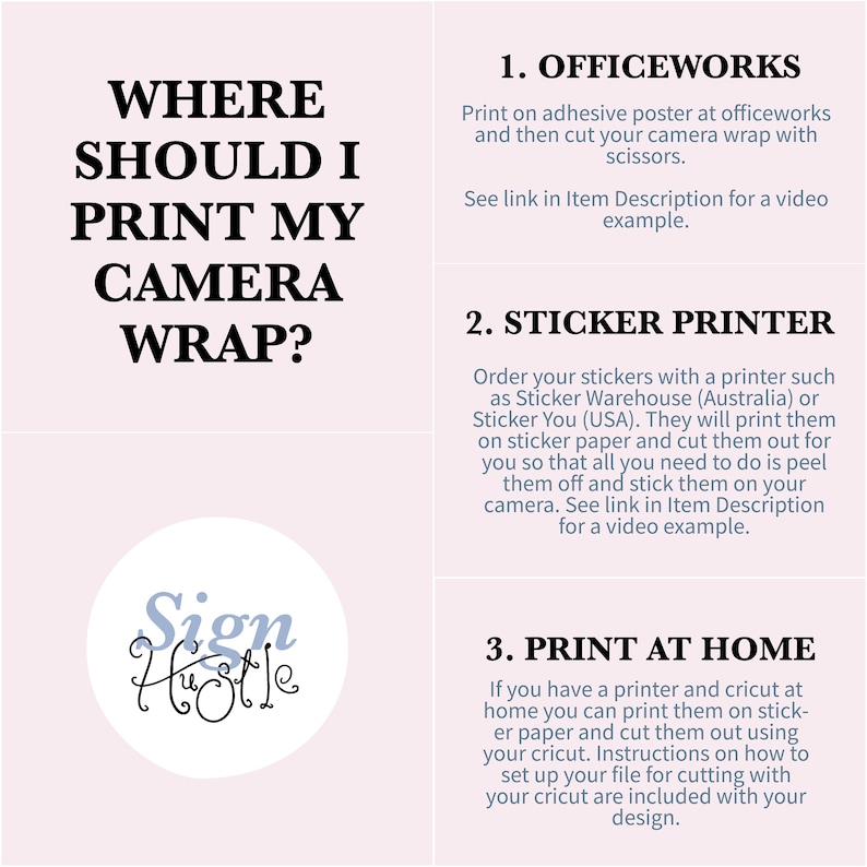 Puede incluir: Gr&aacute;fico rosa y blanco con la pregunta "&iquest;D&Oacute;NDE DEBO IMPRIMIR MI ENVOLTURA DE C&Aacute;MARA?" y tres opciones de impresi&oacute;n: Officeworks, Sticker Printer y Print at Home. Tambi&eacute;n se incluye un logotipo de Sign Hustle.
