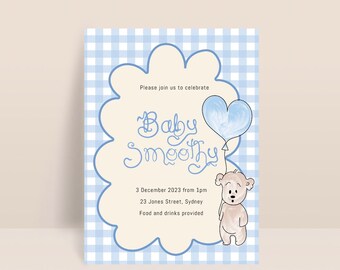 May include: A blue and white gingham baby shower invitation with a cartoon teddy bear holding a blue heart-shaped balloon. The invitation reads "Please join us to celebrate Baby Smoothy, 3 December 2023 from 1pm, 23 Jones Street, Sydney, Food and drinks provided."