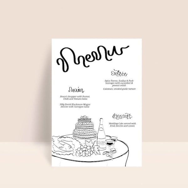 Menú de Boda Ilustrado / Plantilla de Menú / Menú Imprimible / Diseño LIV