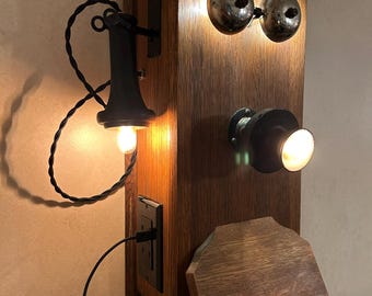 Antique Oak Wall Phone Lamp USB Charger | 1907–1918 Magneto Telephone