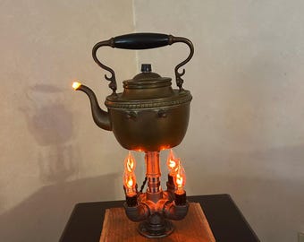Handcrafted Antique Brass Tea Kettle Lamp – Industrial Steampunk Accent Light with Flicker Flame Bulbs