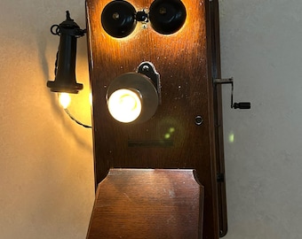 Antique Stromberg-Carlson Oak Wall Phone Lamp USB Charger | 1907–1918 Magneto Telephone