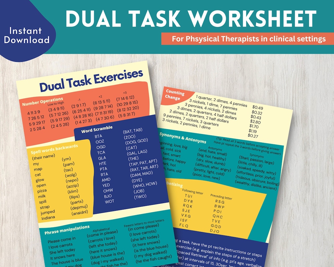 Dual Task Activities Worksheet for Increasing Cognitive Load for ...