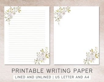 beautiful paper for writing Vintage White Roses | Printable Stationery | US Letter 8.5x11 in, A4 | Lined, Unlined Digital Letter Writing Paper, Floral Note Paper