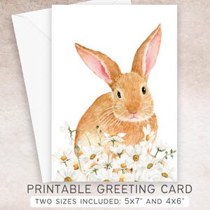 Hase mit Gänseblümchen druckbare Karte | 5x7 und 4x6 | Sofortiger digitaler Download PDF | Aquarell Kaninchen Daisy | Danke, denk an Dich