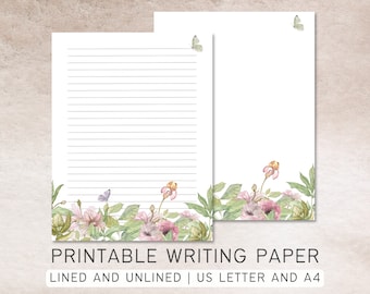 Wildflower Meadow & Butterflies Printable Stationery | US Letter 8.5x11 in, A4 | Lined, Unlined Digital Letter Writing Paper, Floral Paper