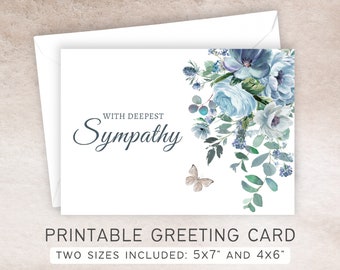 With Deepest Sympathy Printable Card | 5x7 and 4x6 | Instant Digital Download PDF | Blue Floral Butterfly Bereavement, Condolence Card